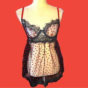 Dreamgirl black sheer nighty with red heart design and black lace trim